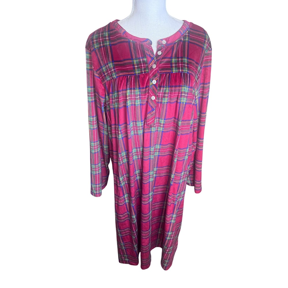 Aria Collection Red Plaid Long Sleeve Nightgown XL Fleece Sleepwear Holiday Core